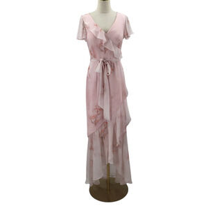 WEDDING GUEST AW SZ 6 S pink sweet blooms ruffle bridesmaid maxi dress NEW b147